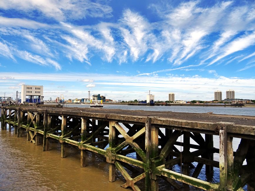 A wooden pier extends over a river with lush, green moss growing on the weathered supports. The surface of the pier appears slightly wet, indicating recent rain or high tide. In the background, the ci